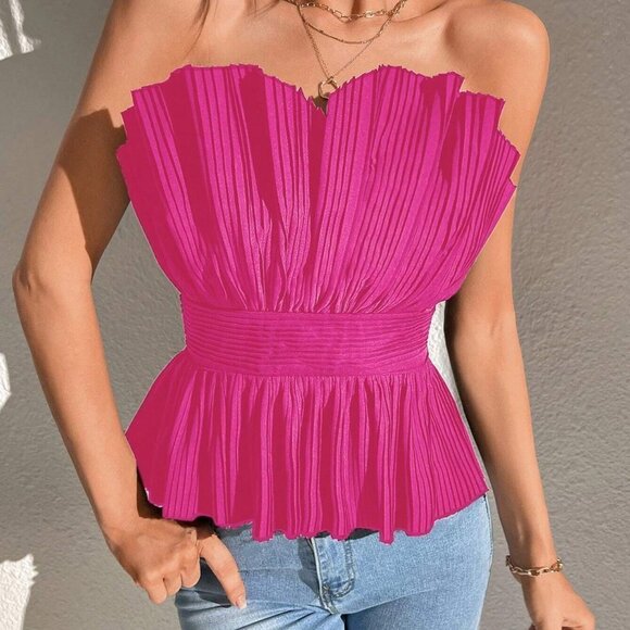 Pink Boho Womens Solid Pleated Tube Top - Picture 5 of 5